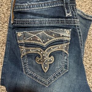 Rock Revival Dark Blue Boot Cut Jeans with Silver Embroidery